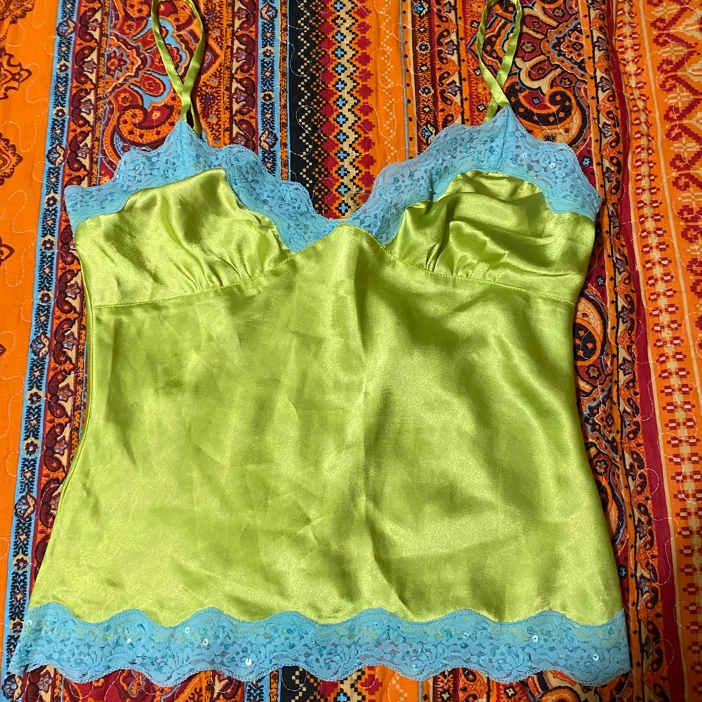 Vintage 2000s Lime Green and Blue Lace Trim Women's Top